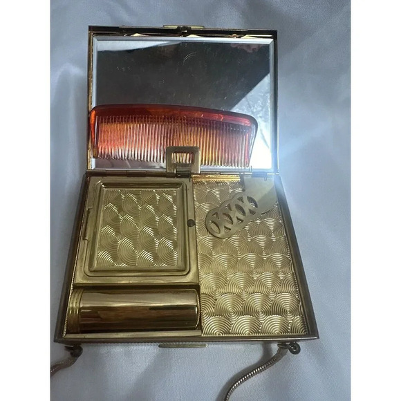 1950’s Double Sided Evan’s Metal Cosmetic Compact Gold tone Clutch With Handle - Picture 12 of 15